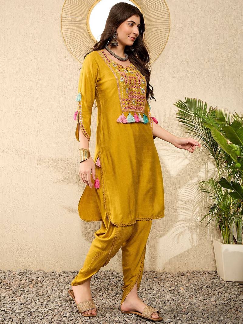 Women Mustard color viscose rayon thread work fancy kurta and bottom set