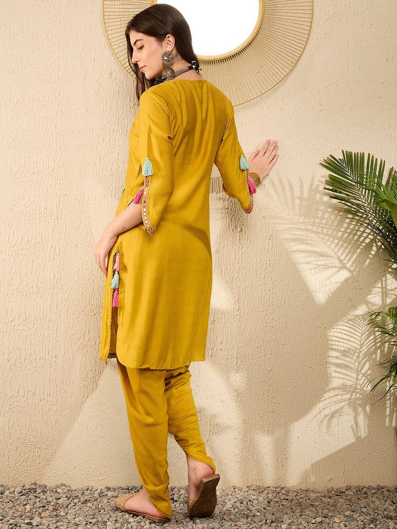 Women Mustard color viscose rayon thread work fancy kurta and bottom set