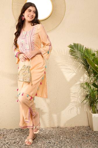 Women Peach color viscose rayon mirror work fancy kurta and bottom set