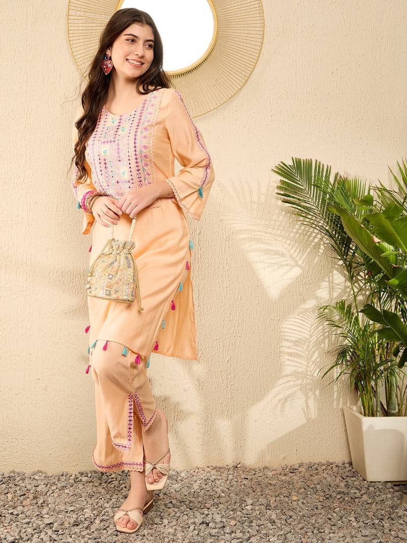 Women Peach color viscose rayon mirror work fancy kurta and bottom set