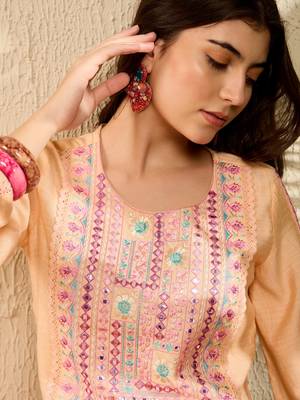 Women Peach color viscose rayon mirror work fancy kurta and bottom set 2