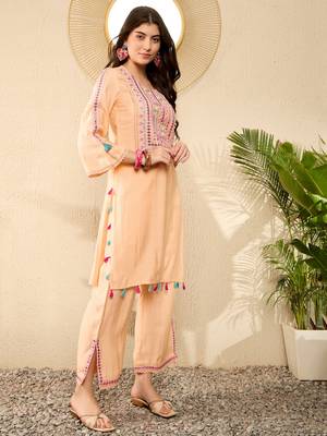 Women Peach color viscose rayon mirror work fancy kurta and bottom set 3