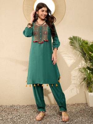 Women Teal color viscose rayon thread work fancy kurta and bottom set 1