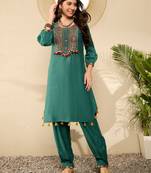 Women Teal color viscose rayon thread work fancy kurta and bottom set