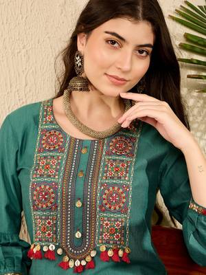 Women Teal color viscose rayon thread work fancy kurta and bottom set 2