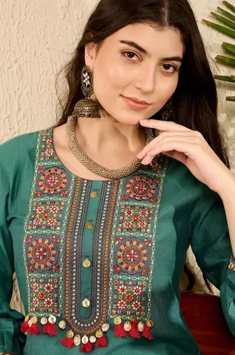 Women Teal color viscose rayon thread work fancy kurta and bottom set