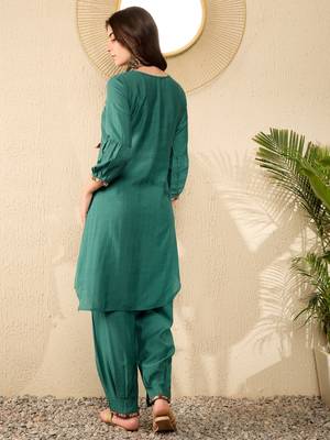 Women Teal color viscose rayon thread work fancy kurta and bottom set 5