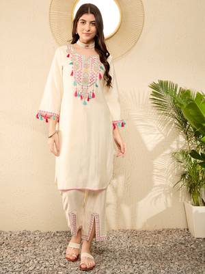 Women Off white color viscose rayon mirror work fancy kurta and bottom set 1