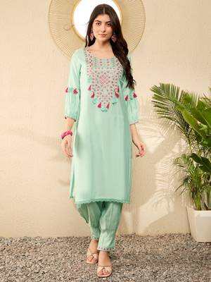 Women Sea green color viscose rayon thread work fancy kurta and bottom set 1