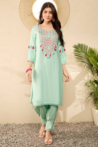Women Sea green color viscose rayon thread work fancy kurta and bottom set
