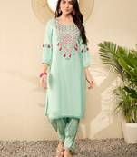 Women Sea green color viscose rayon thread work fancy kurta and bottom set