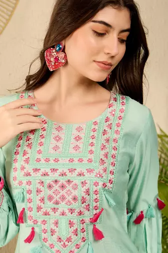 Women Sea green color viscose rayon thread work fancy kurta and bottom set