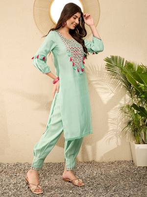 Women Sea green color viscose rayon thread work fancy kurta and bottom set 3