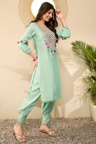 Women Sea green color viscose rayon thread work fancy kurta and bottom set