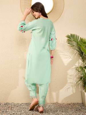 Women Sea green color viscose rayon thread work fancy kurta and bottom set 4