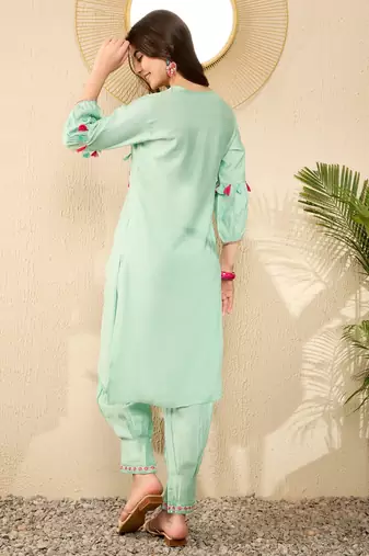 Women Sea green color viscose rayon thread work fancy kurta and bottom set