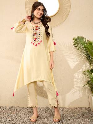 Women Yellow color viscose rayon thread work fancy kurta and bottom set 1