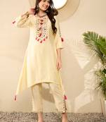 Women Yellow color viscose rayon thread work fancy kurta and bottom set