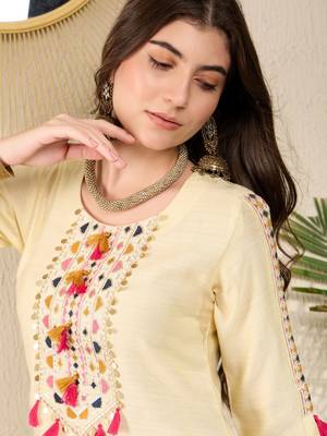 Women Yellow color viscose rayon thread work fancy kurta and bottom set 2