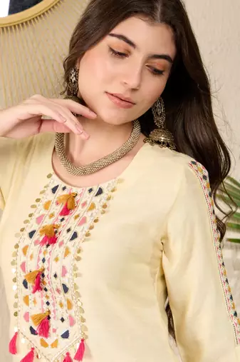 Women Yellow color viscose rayon thread work fancy kurta and bottom set
