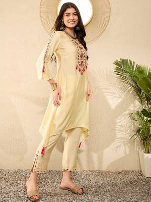 Women Yellow color viscose rayon thread work fancy kurta and bottom set 3
