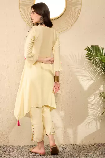 Women Yellow color viscose rayon thread work fancy kurta and bottom set