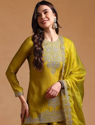 Lime green color silk blend zari work fancy kurta, bottom and dupatta set 1