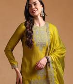 Lime green color silk blend zari work fancy kurta, bottom and dupatta set