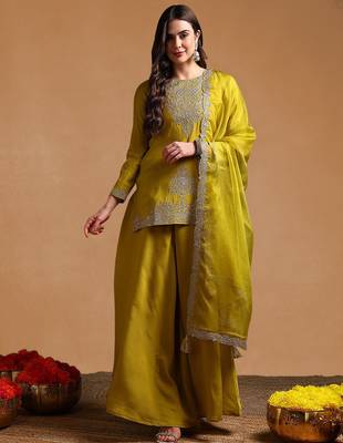 Lime green color silk blend zari work fancy kurta, bottom and dupatta set 2