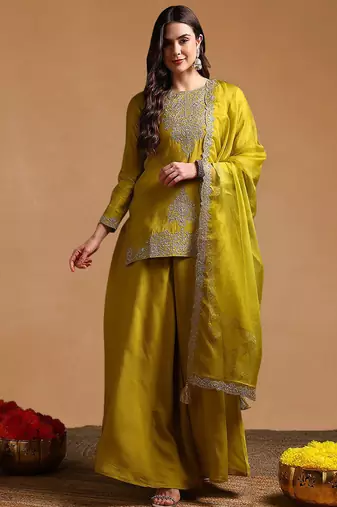 Lime green color silk blend zari work fancy kurta, bottom and dupatta set