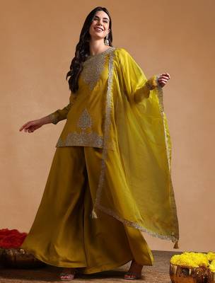 Lime green color silk blend zari work fancy kurta, bottom and dupatta set 3