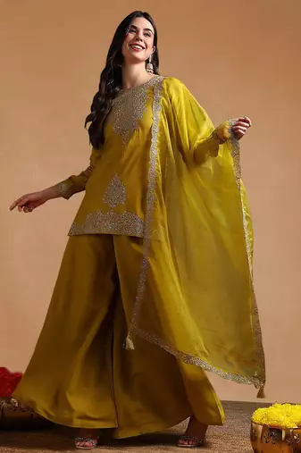 Lime green color silk blend zari work fancy kurta, bottom and dupatta set