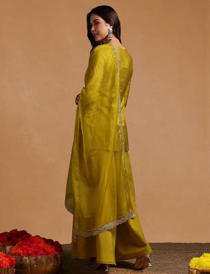 Lime green color silk blend zari work fancy kurta, bottom and dupatta set 4