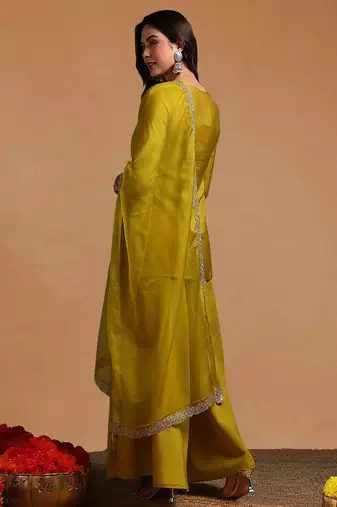 Lime green color silk blend zari work fancy kurta, bottom and dupatta set