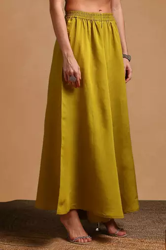 Lime green color silk blend zari work fancy kurta, bottom and dupatta set