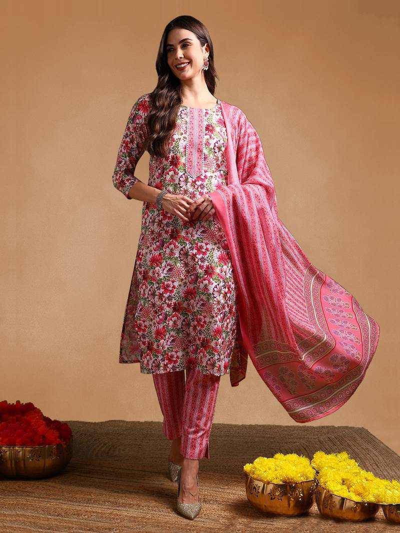 Women Multicolor color rayon blend fancy kurta, bottom and dupatta set