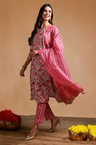Women Multicolor color rayon blend fancy kurta, bottom and dupatta set
