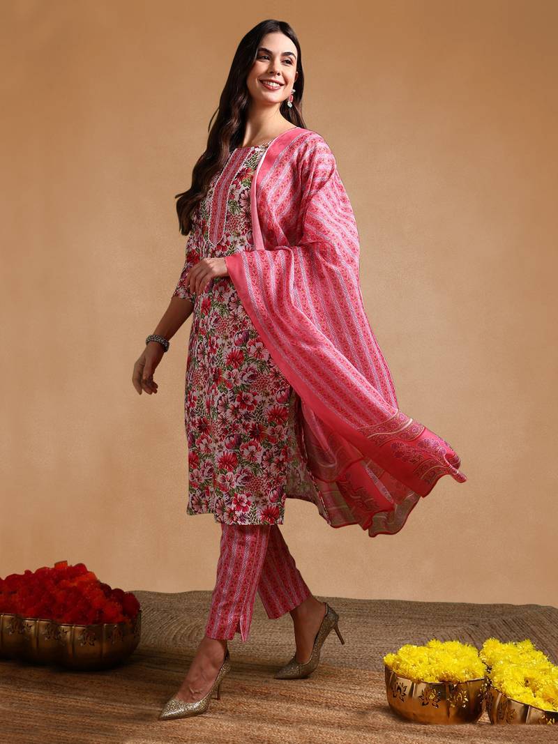 Women Multicolor color rayon blend fancy kurta, bottom and dupatta set