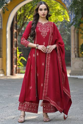 Red color silk blend sequinned work fancy kurta, bottom and dupatta set