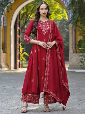 Red color silk blend sequinned work fancy kurta, bottom and dupatta set 1