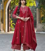 Red color silk blend sequinned work fancy kurta, bottom and dupatta set