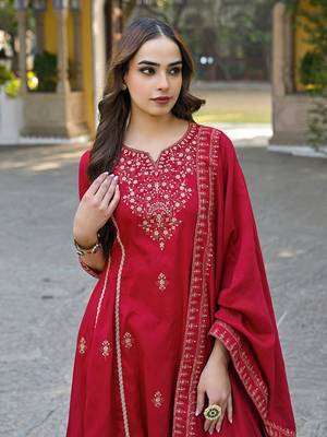 Red color silk blend sequinned work fancy kurta, bottom and dupatta set 2