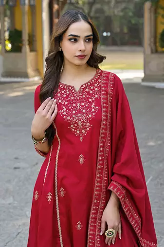 Red color silk blend sequinned work fancy kurta, bottom and dupatta set