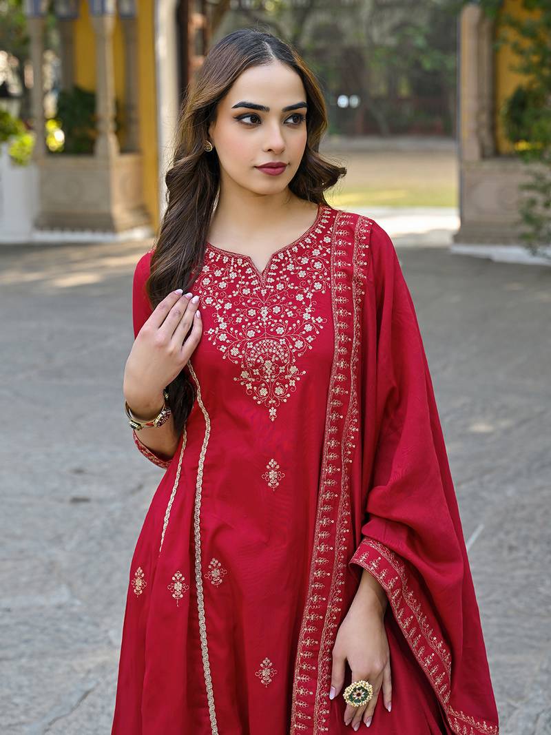 Red color silk blend sequinned work fancy kurta, bottom and dupatta set