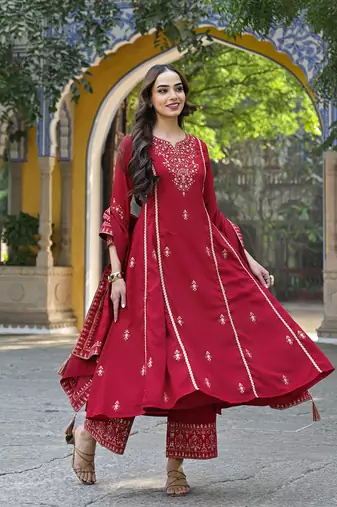 Red color silk blend sequinned work fancy kurta, bottom and dupatta set