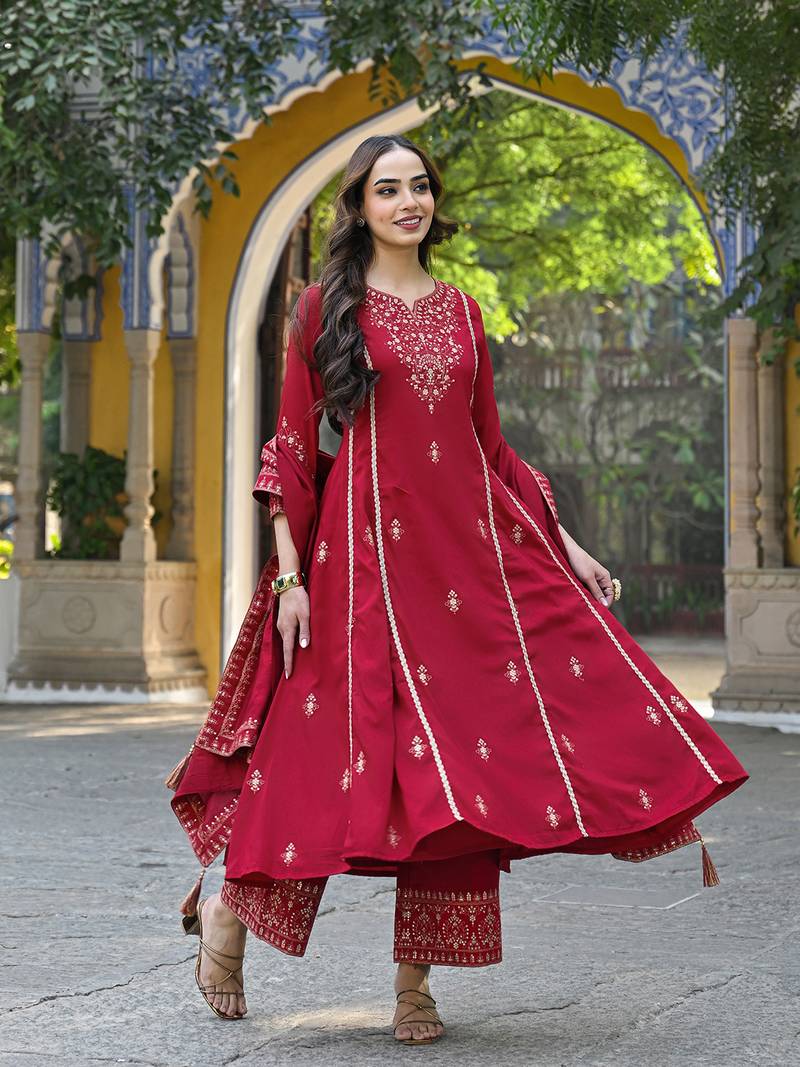 Red color silk blend sequinned work fancy kurta, bottom and dupatta set
