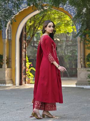Red color silk blend sequinned work fancy kurta, bottom and dupatta set 4