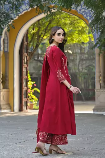 Red color silk blend sequinned work fancy kurta, bottom and dupatta set