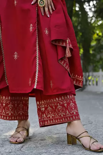 Red color silk blend sequinned work fancy kurta, bottom and dupatta set