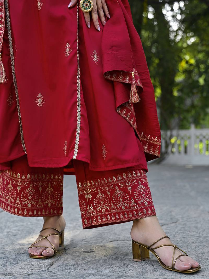 Red color silk blend sequinned work fancy kurta, bottom and dupatta set